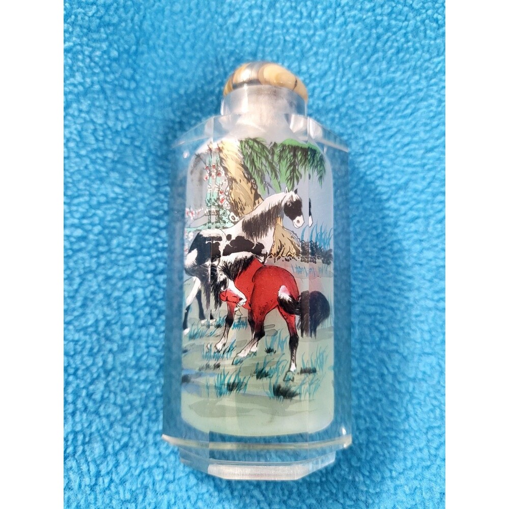 Vintage Reverse Painted Chinese Snuff Glass Bottle 2 Scenes, Horses, Glass Top